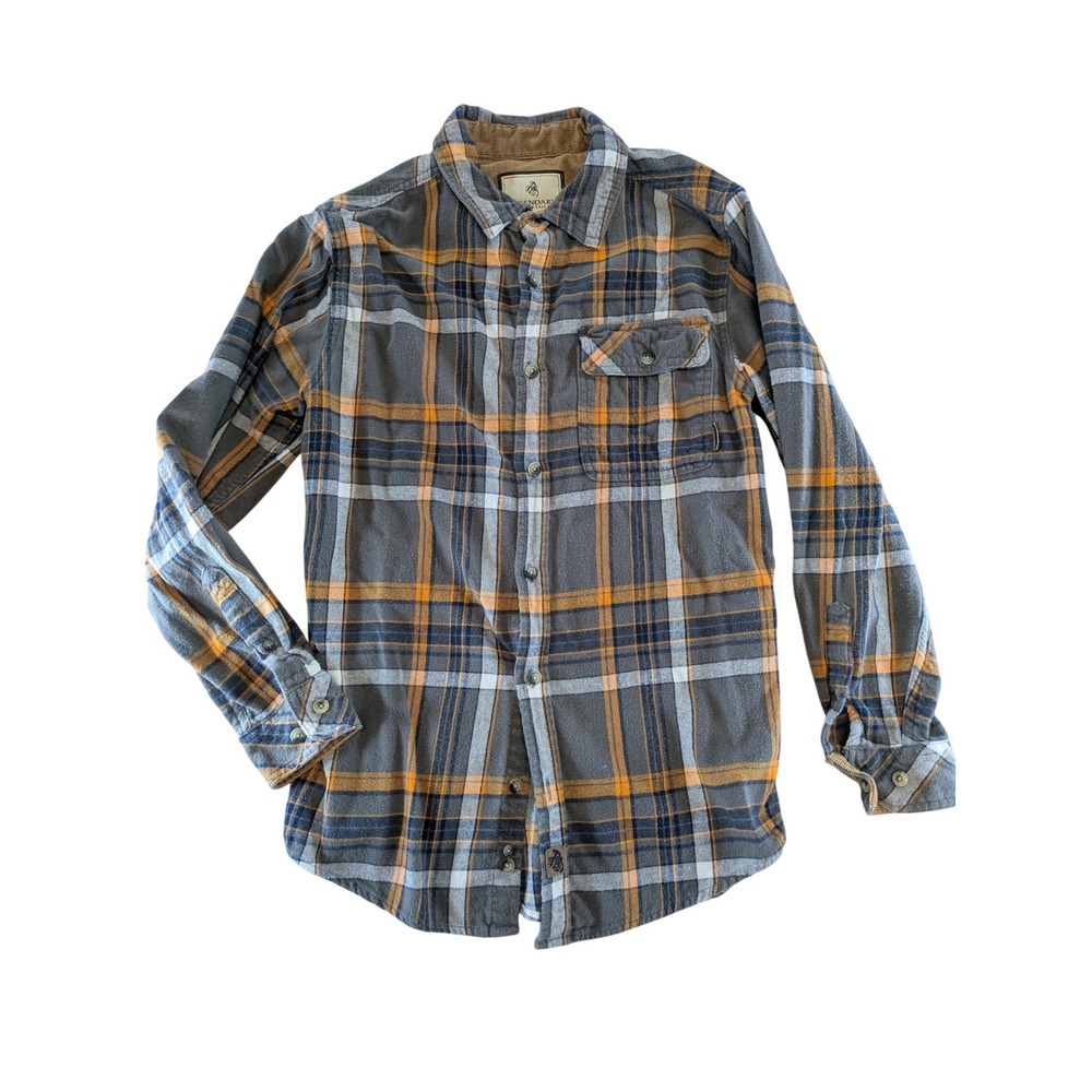 Legendary Whitetails Buck Camp Mens Small Gray Orange Plaid Flannel Shirt SM